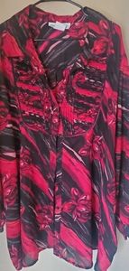 Red black floral print blouse